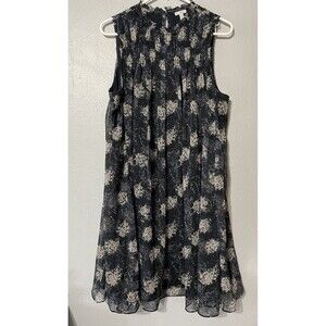 Joie Womens Dress Large Blue Gray Floral Sheer Lined A Line Smocked Ruffle Neck